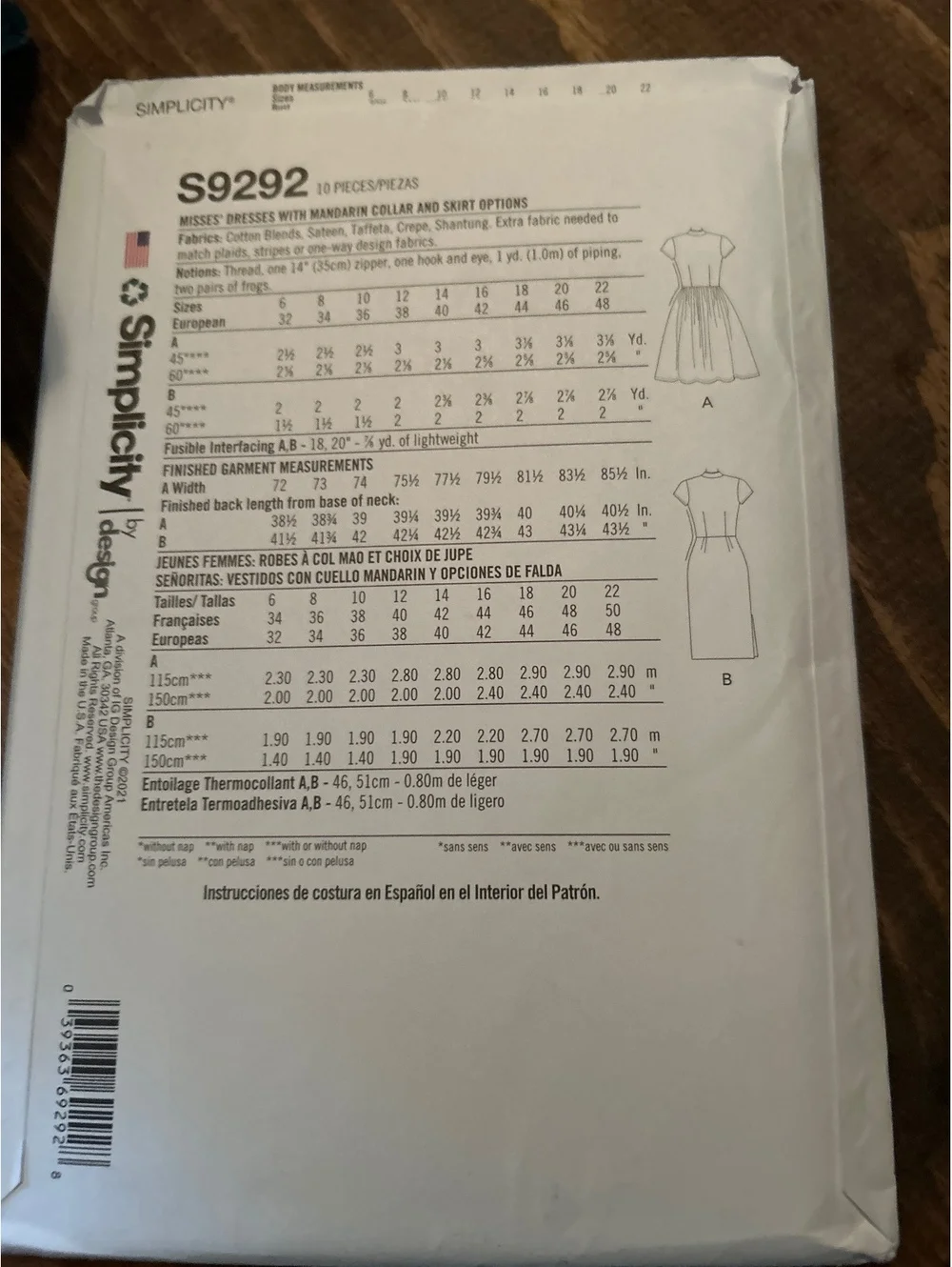 Simplicity S9292 Misses' Dress with Mandarin Collar and Skirt Options Sewing Kit